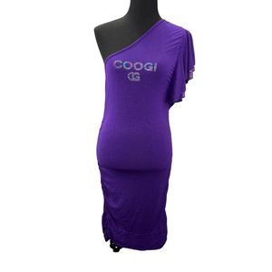 Coogi Bodycon Dress M L Purple One Shoulder Spellout Rhinestones Ruched